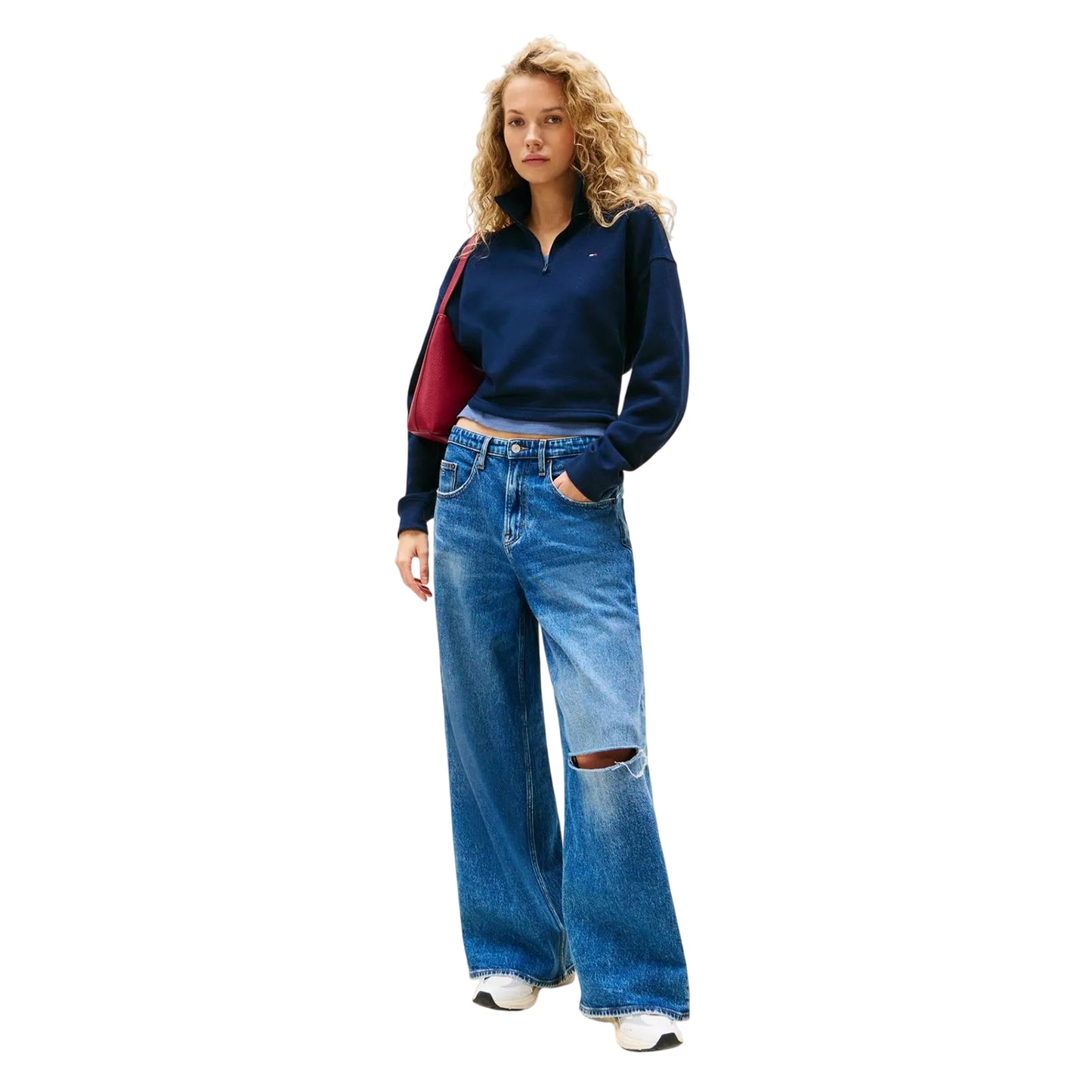 Dark Navy - Lifestyle - Tommy Jeans Womens-Ladies Fleece Quarter Zip Boxy Crop Sweatshirt