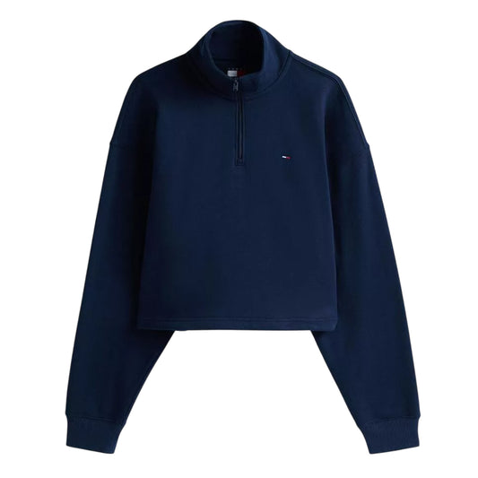 Dark Navy - Front - Tommy Jeans Womens-Ladies Fleece Quarter Zip Boxy Crop Sweatshirt