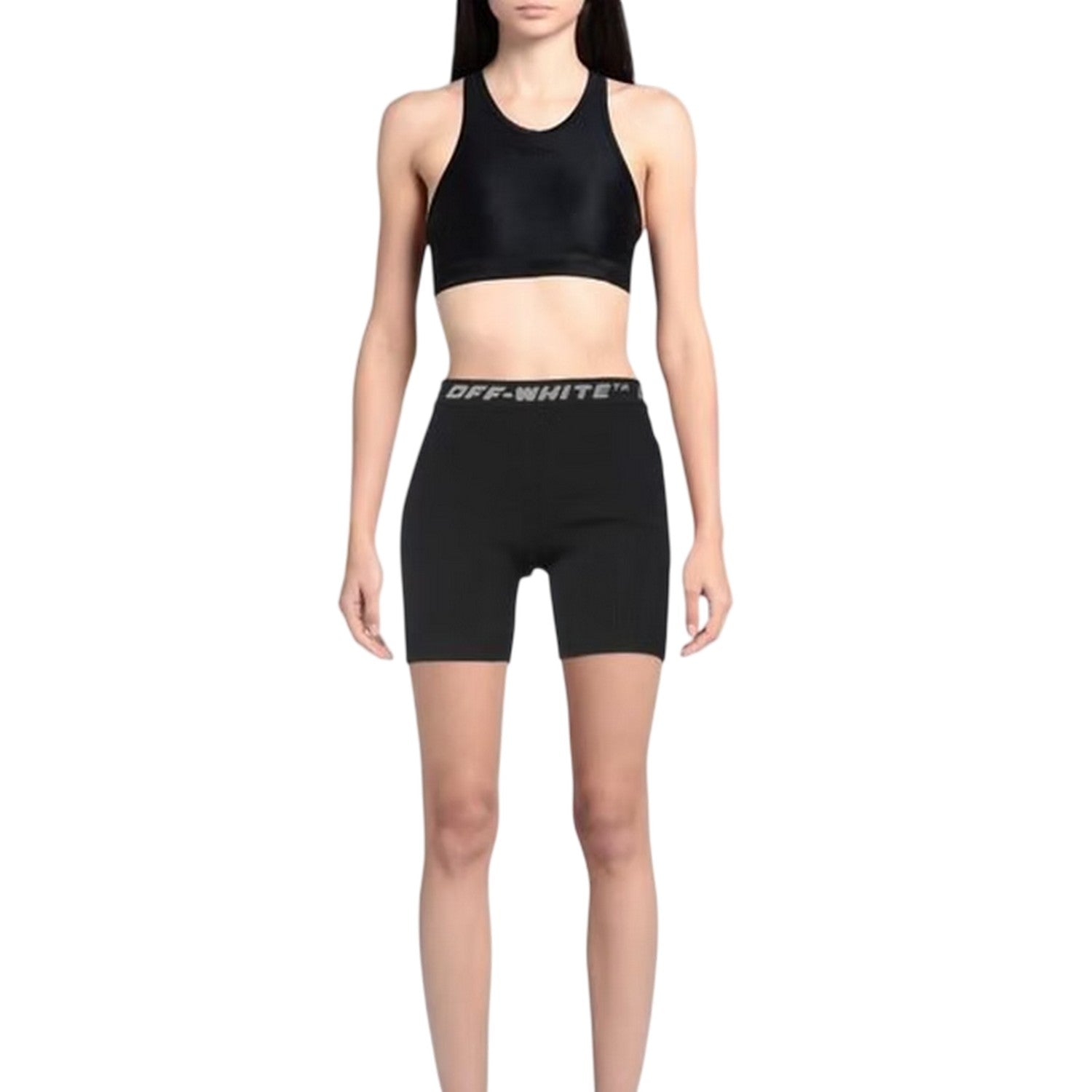 Black-Grey - Side - Off White Womens-Ladies Logo Ribbed Slim Shorts