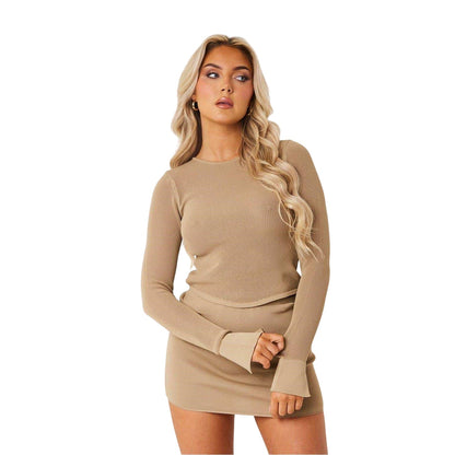 Tan - Front - Missy Empire Womens-Ladies Sheer Knit Cuffed Top