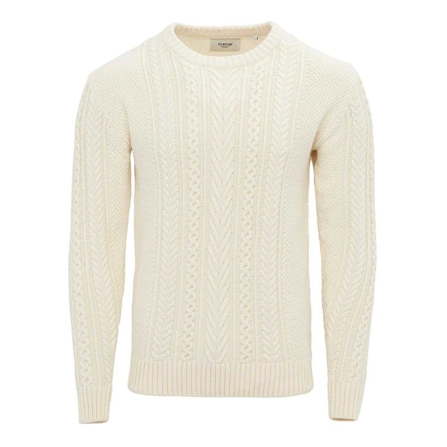 Ecru - Front - Firetrap Mens Cable Knit Cotton Jumper