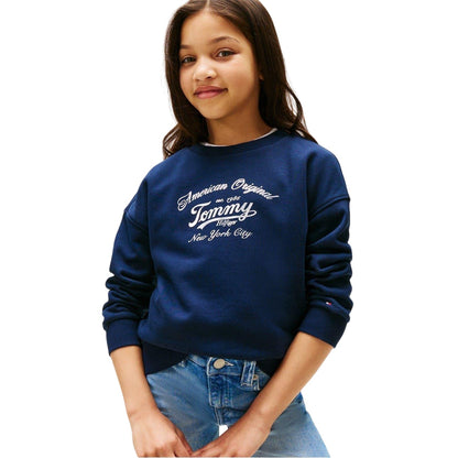 Night Navy - Side - Tommy Hilfiger Childrens-Kids Script Crew Neck Sweatshirt