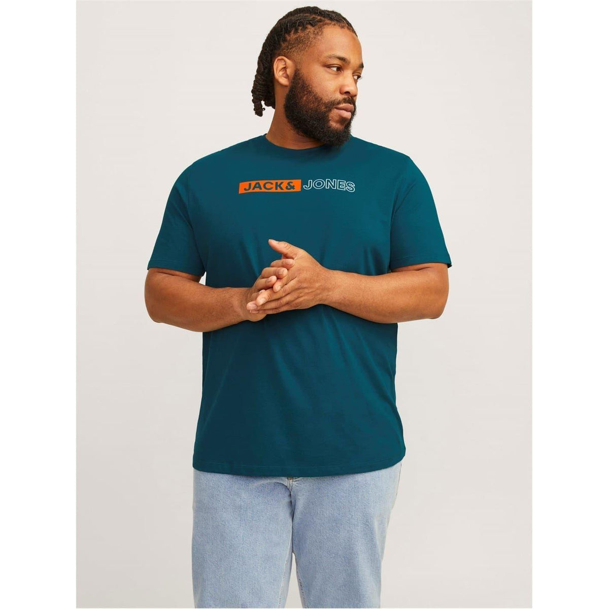 Deep Teal - Side - Jack And Jones Mens Cropped Logo Cotton Plus T-Shirt