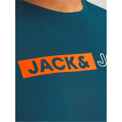 Deep Teal - Close up - Jack And Jones Mens Cropped Logo Cotton Plus T-Shirt