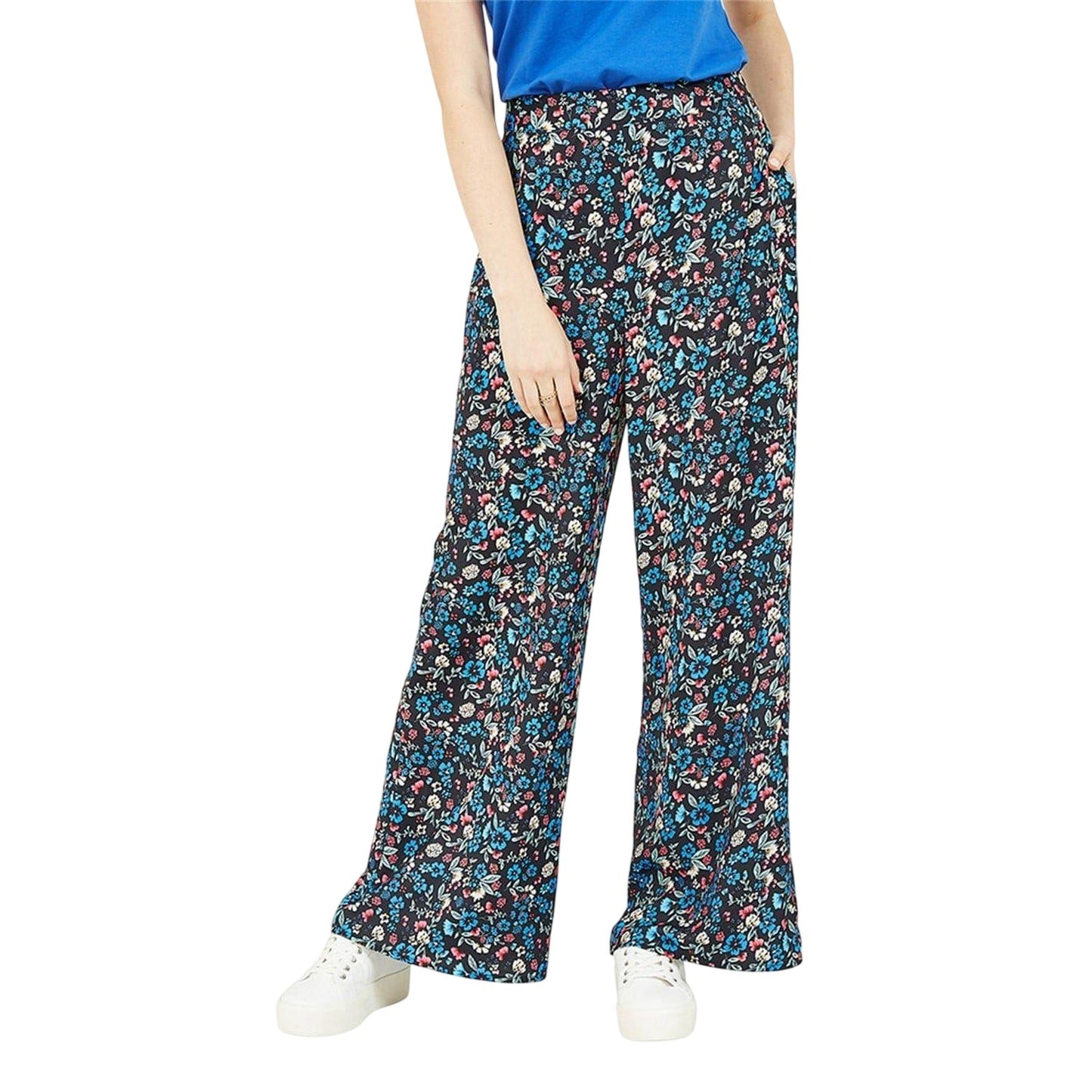 Blue - Side - Yumi Womens-Ladies Floral Trousers