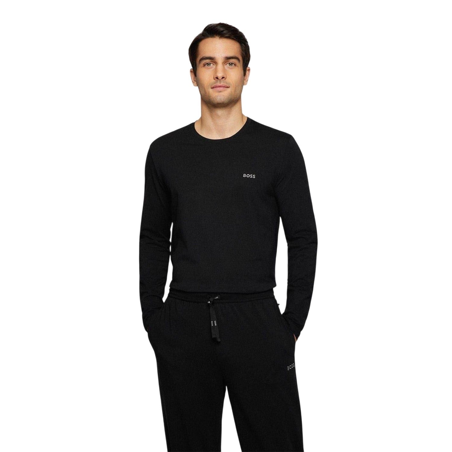 Black - Side - Boss Mens Embroidered Logo Crew Neck Long-Sleeved T-Shirt