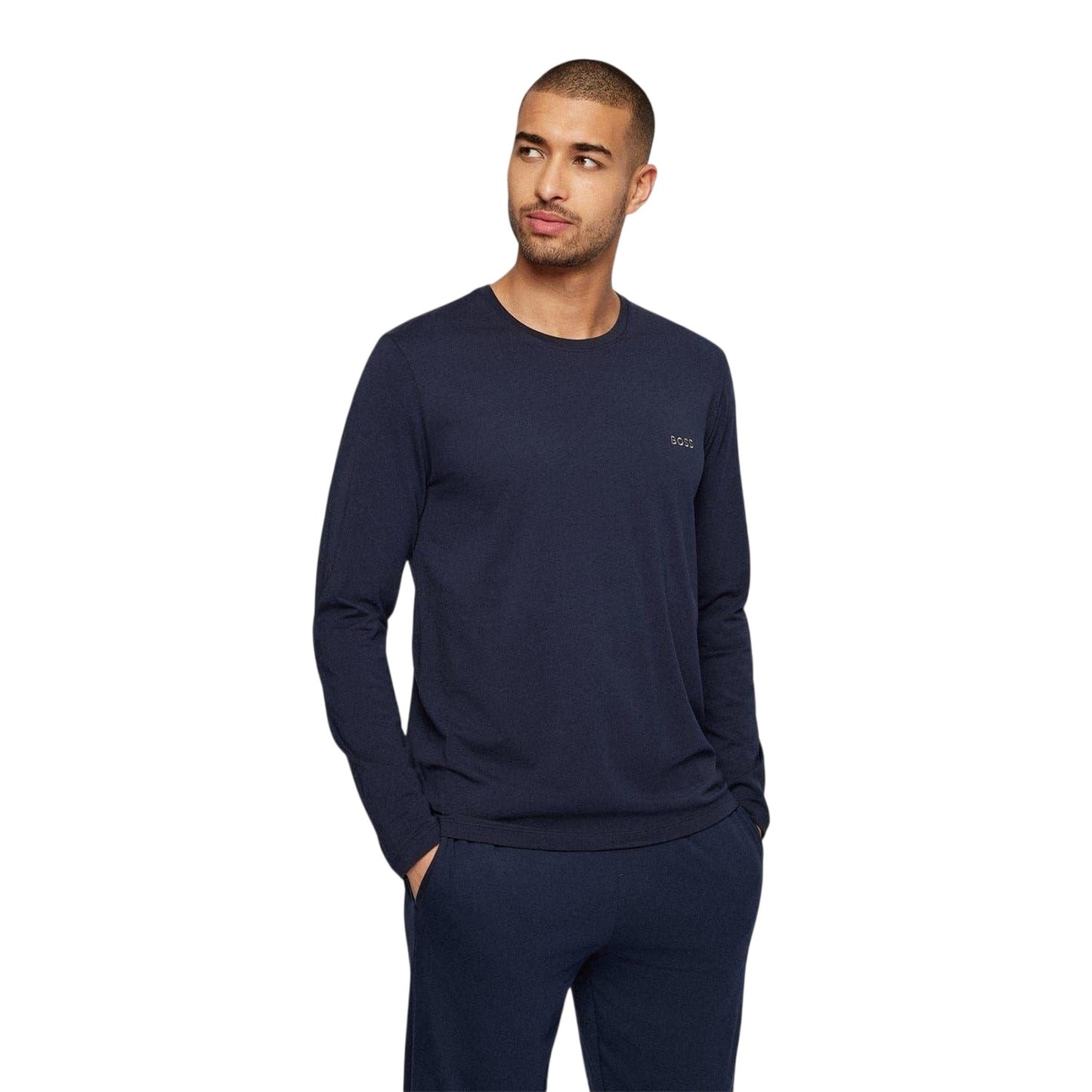 Navy - Side - Boss Mens Embroidered Logo Crew Neck Long-Sleeved T-Shirt