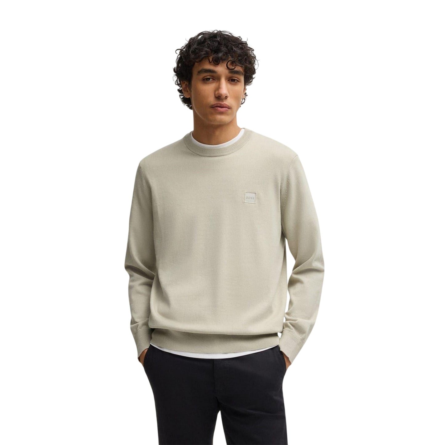 Light Beige - Front - Boss Mens Kanovano Crew Neck Jumper