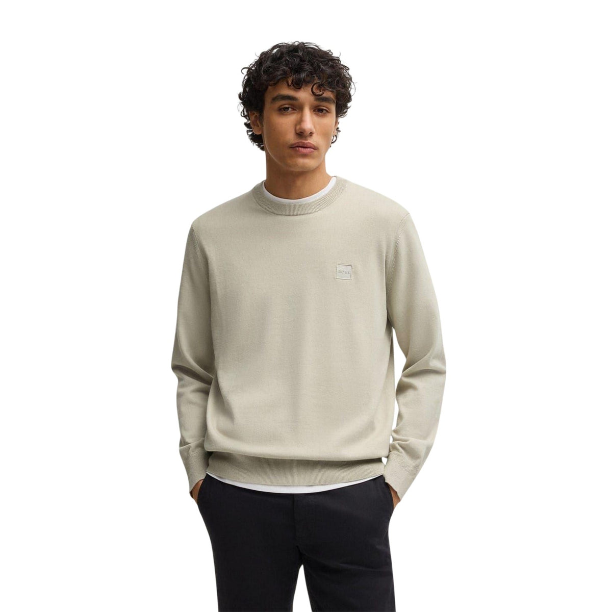 Light Beige - Front - Boss Mens Kanovano Crew Neck Jumper