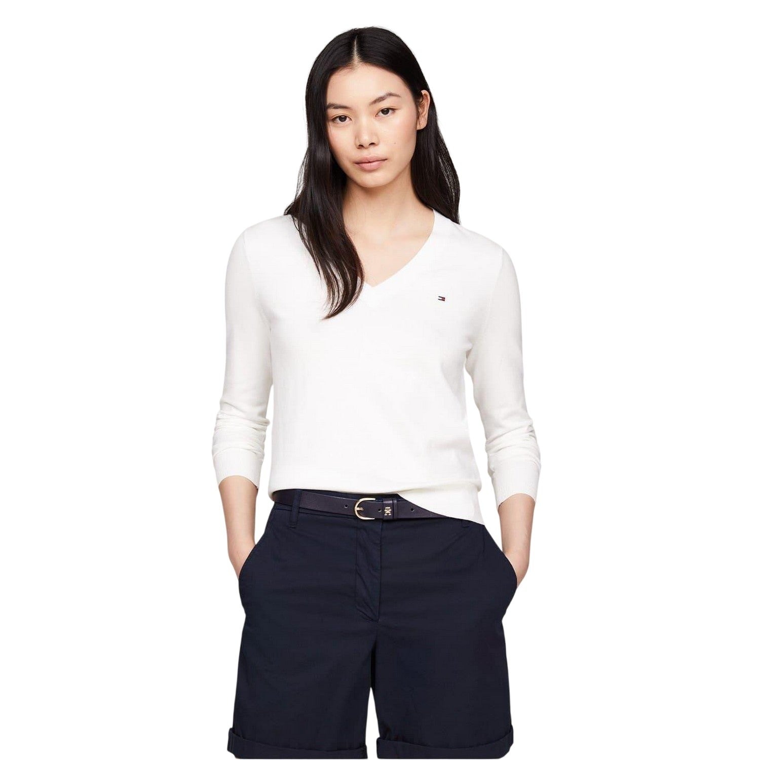 Ecru - Side - Tommy Hilfiger Womens-Ladies Cotton V Neck Sweater Top