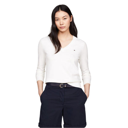 Ecru - Side - Tommy Hilfiger Womens-Ladies Cotton V Neck Sweater Top