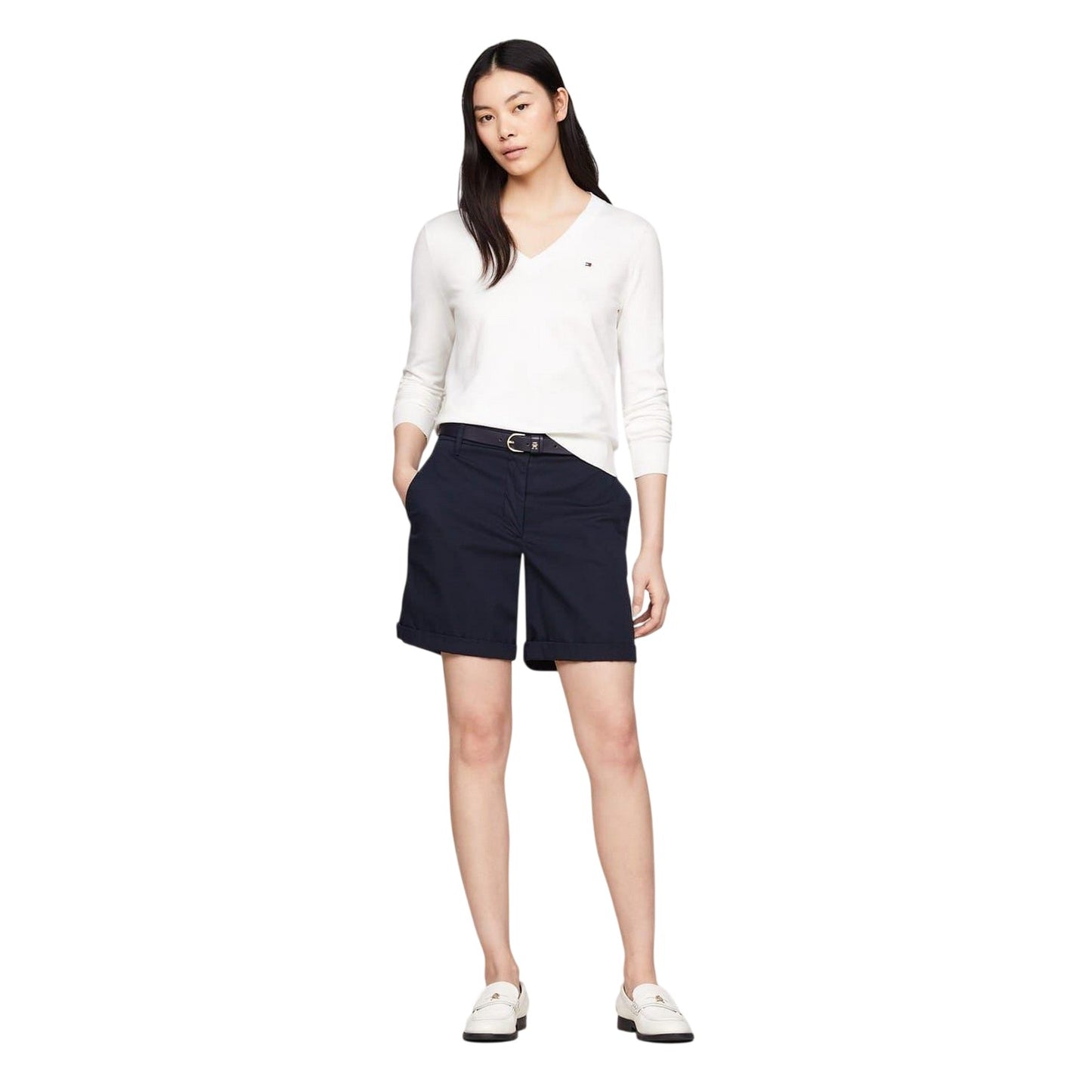 Ecru - Lifestyle - Tommy Hilfiger Womens-Ladies Cotton V Neck Sweater Top