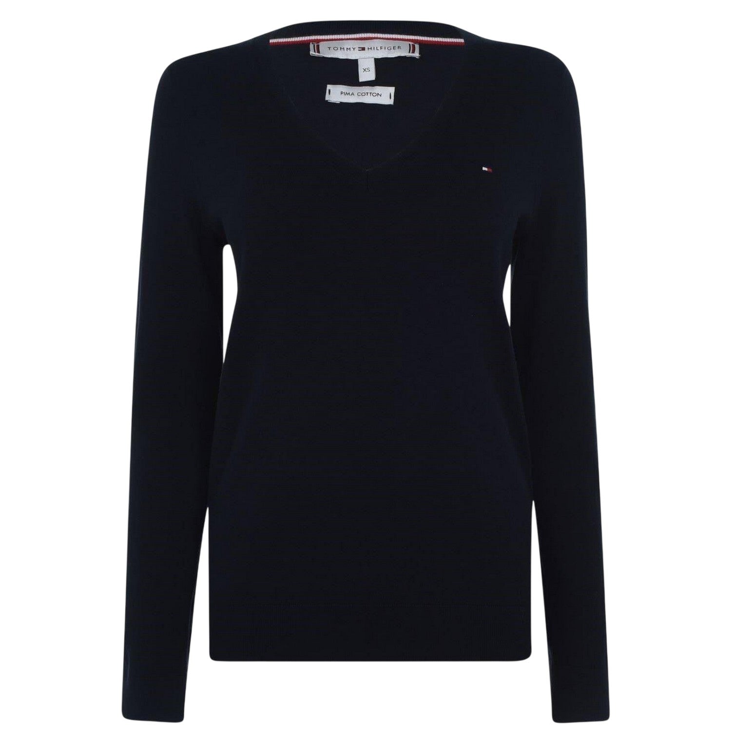Navy - Front - Tommy Hilfiger Womens-Ladies Cotton V Neck Sweater Top