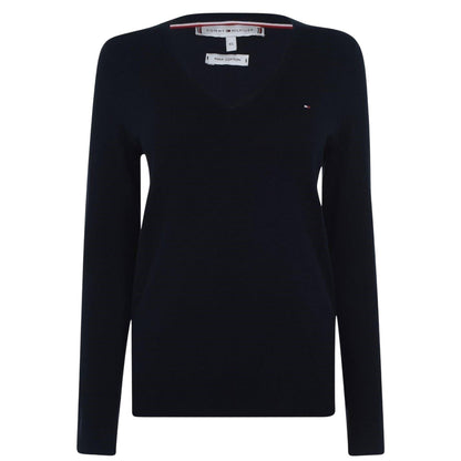 Navy - Front - Tommy Hilfiger Womens-Ladies Cotton V Neck Sweater Top