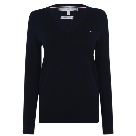 Navy - Front - Tommy Hilfiger Womens-Ladies Cotton V Neck Sweater Top