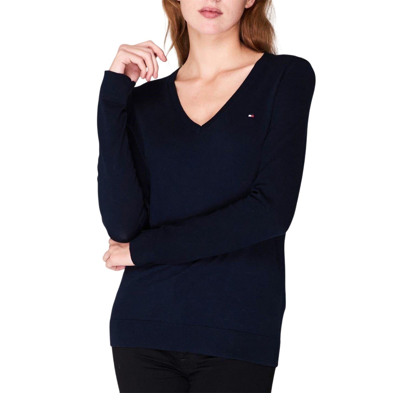 Navy - Side - Tommy Hilfiger Womens-Ladies Cotton V Neck Sweater Top