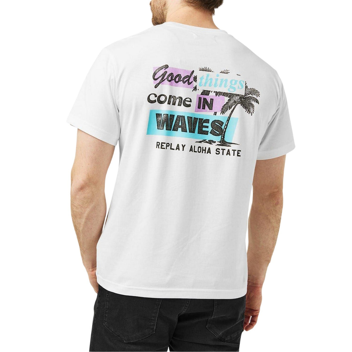 White - Lifestyle - Replay Mens Aloha State Graphic Print Regular T-Shirt