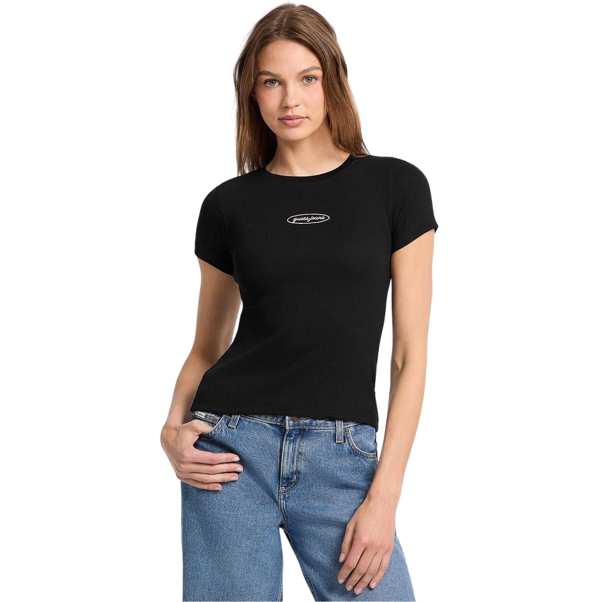 Jet Black - Front - Guess Womens-Ladies Oval Logo Ribbed Slim T-Shirt