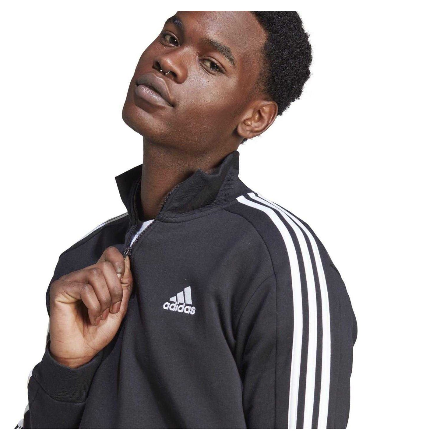 Black-White - Side - Adidas Mens 3 Stripes Quarter Zip Long-Sleeved Sweatshirt