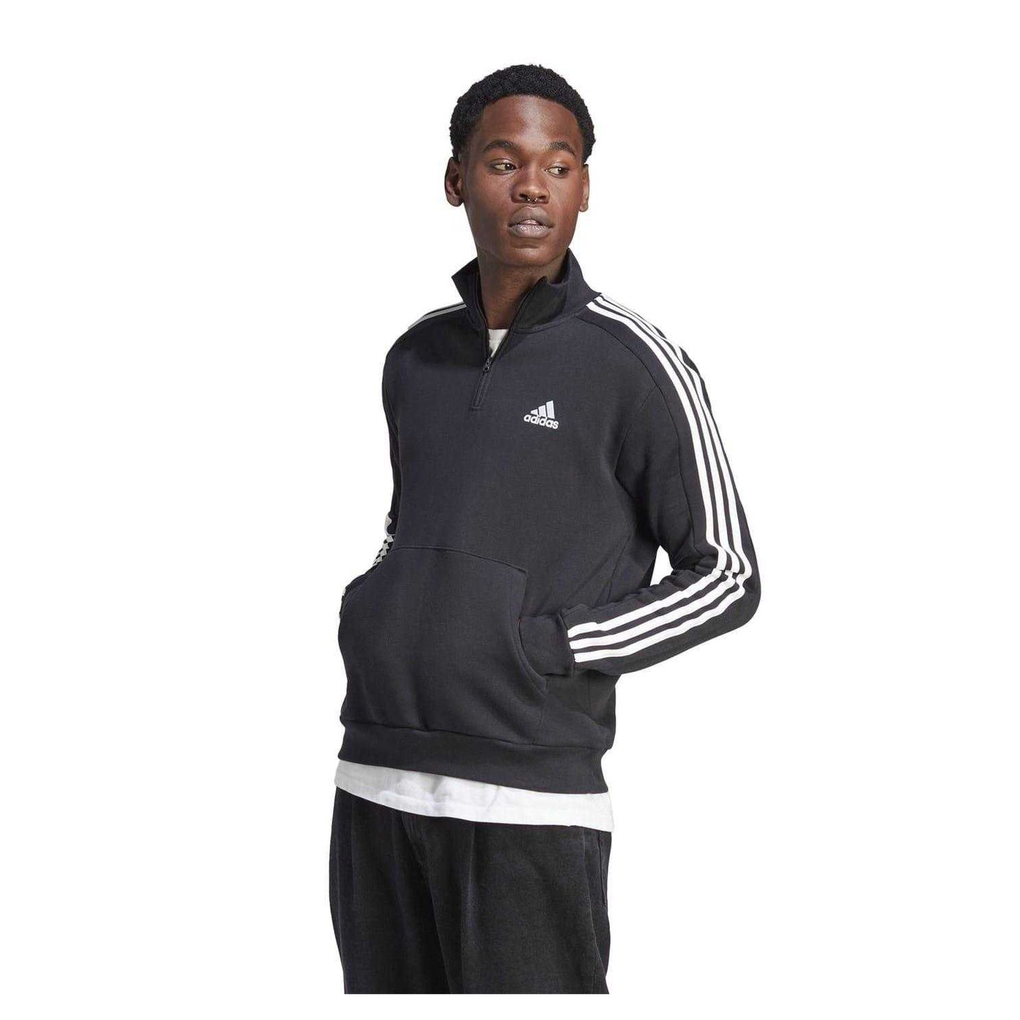 Black-White - Lifestyle - Adidas Mens 3 Stripes Quarter Zip Long-Sleeved Sweatshirt