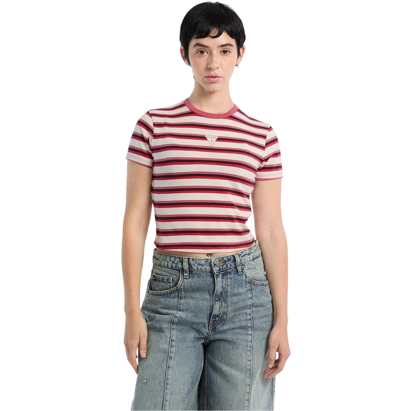 Fruit Punch - Front - Guess Womens-Ladies Striped Fitted Crop T-Shirt
