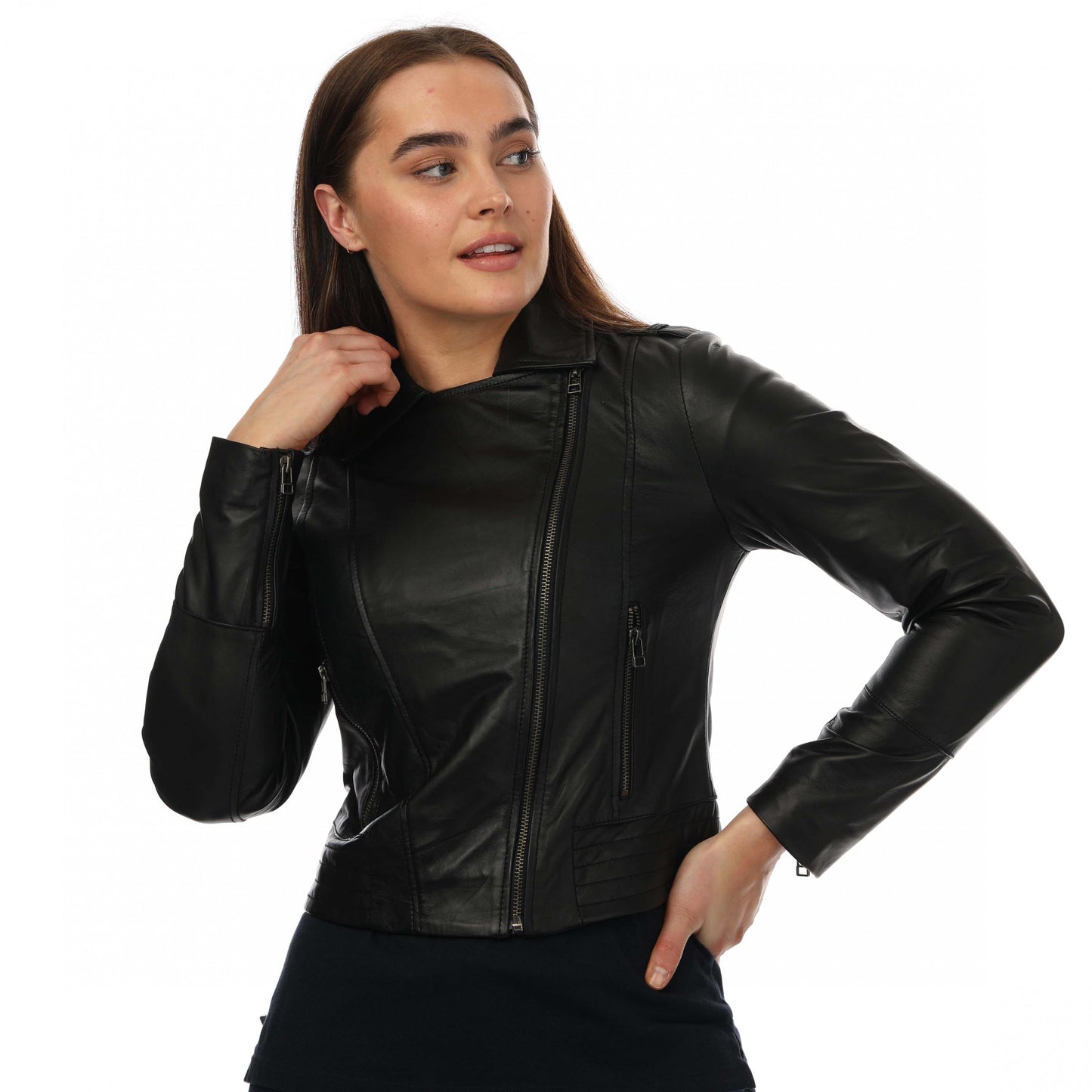Black - Front - Elle Womens-Ladies Armin Leather Jacket