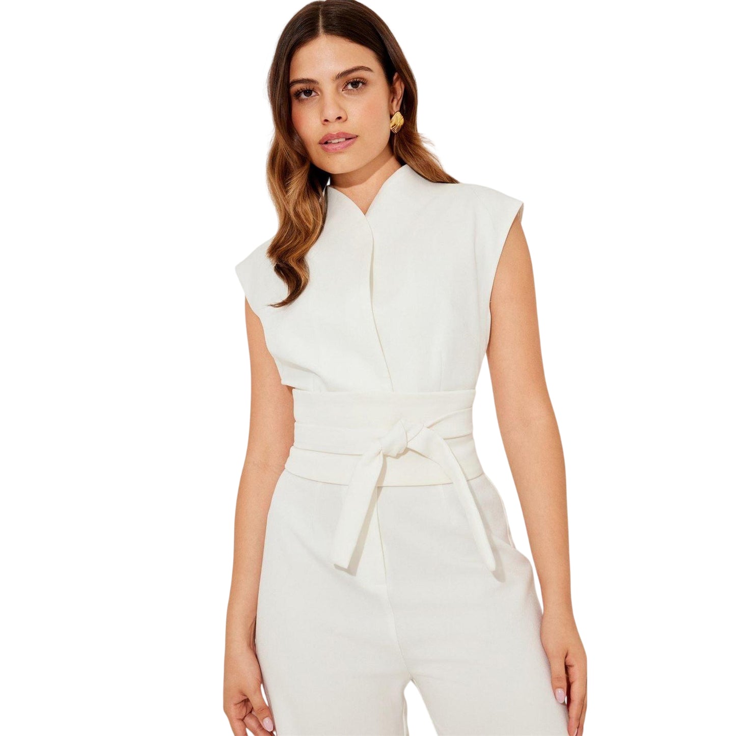 White - Side - Odd Muse Womens-Ladies Tie Belt Jumpsuit