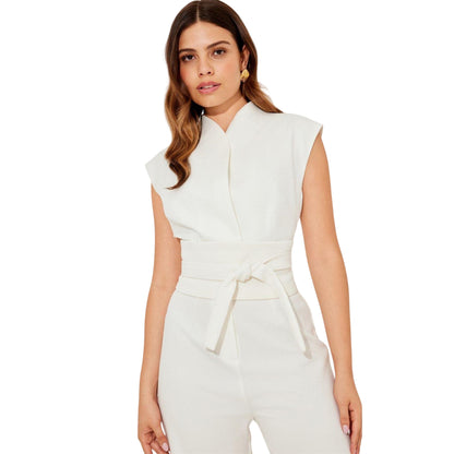 White - Side - Odd Muse Womens-Ladies Tie Belt Jumpsuit