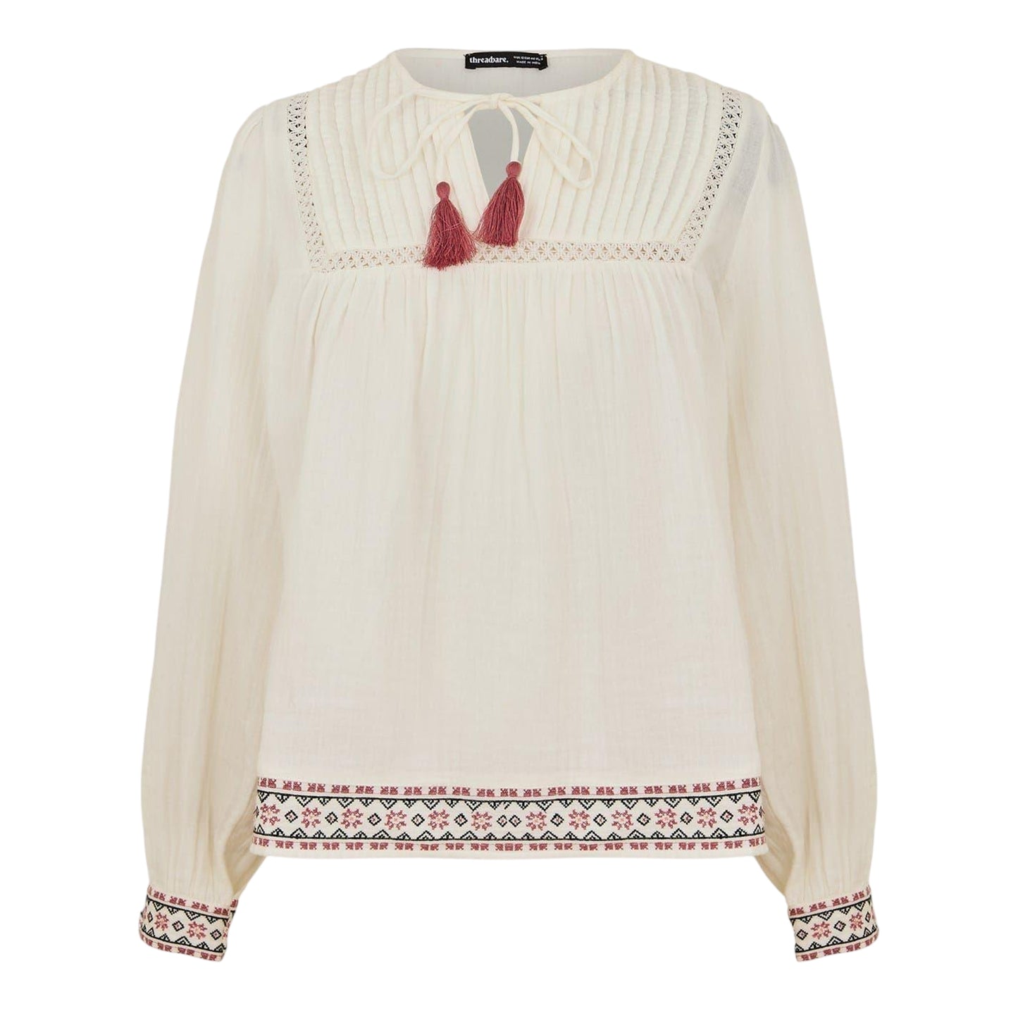 Cream - Front - Threadbare Womens-Ladies Reema Tie Neck Long-Sleeved Blouse