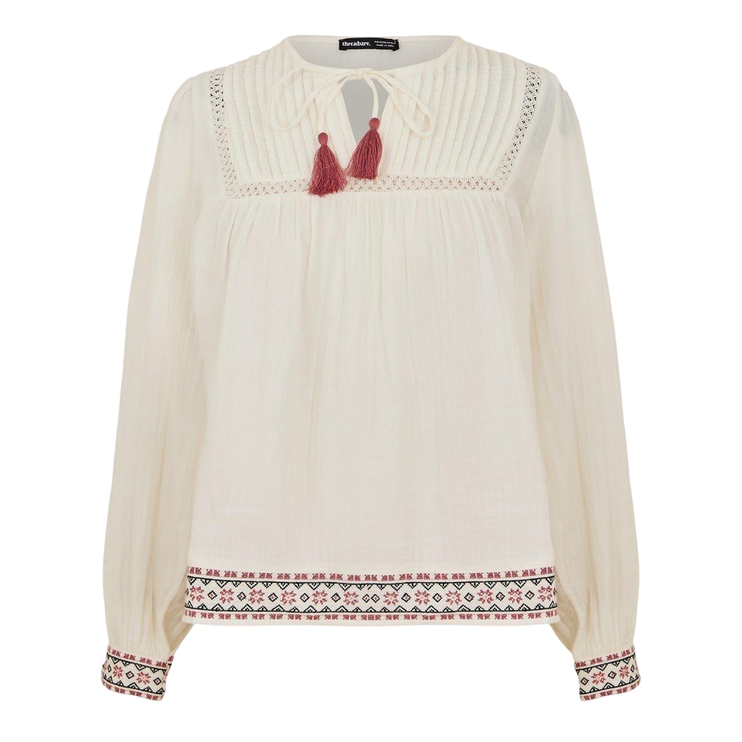 Cream - Front - Threadbare Womens-Ladies Reema Tie Neck Long-Sleeved Blouse