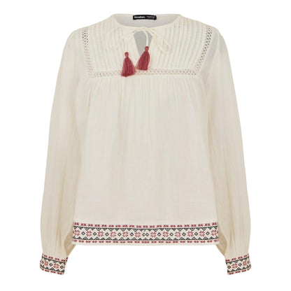 Cream - Front - Threadbare Womens-Ladies Reema Tie Neck Long-Sleeved Blouse