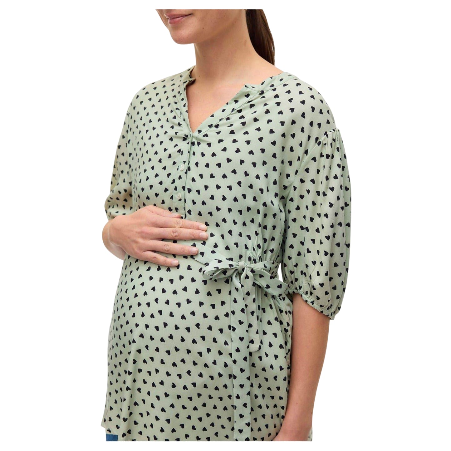 Cameo Green - Side - Mamalicious Womens-Ladies Hearts Maternity Puff Sleeve Blouse