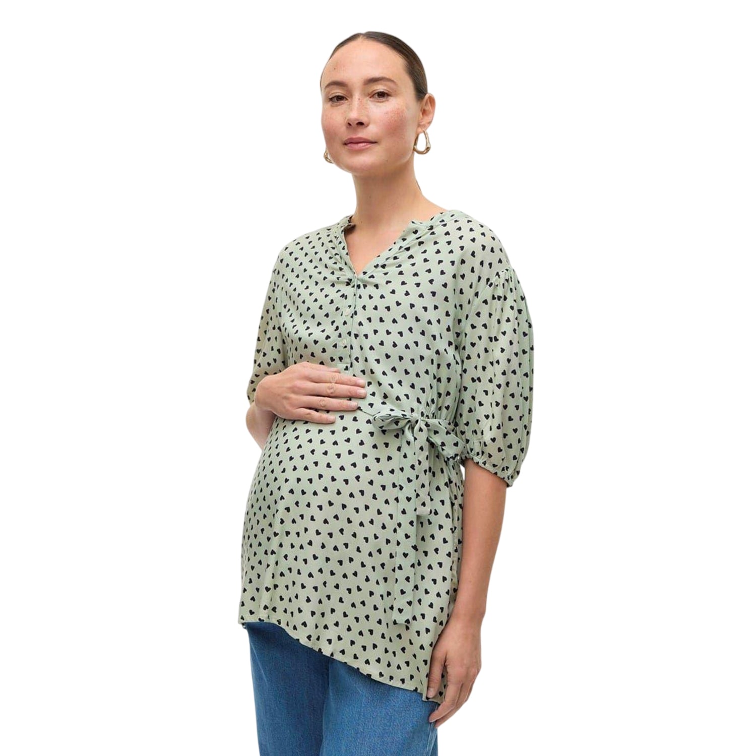 Cameo Green - Lifestyle - Mamalicious Womens-Ladies Hearts Maternity Puff Sleeve Blouse
