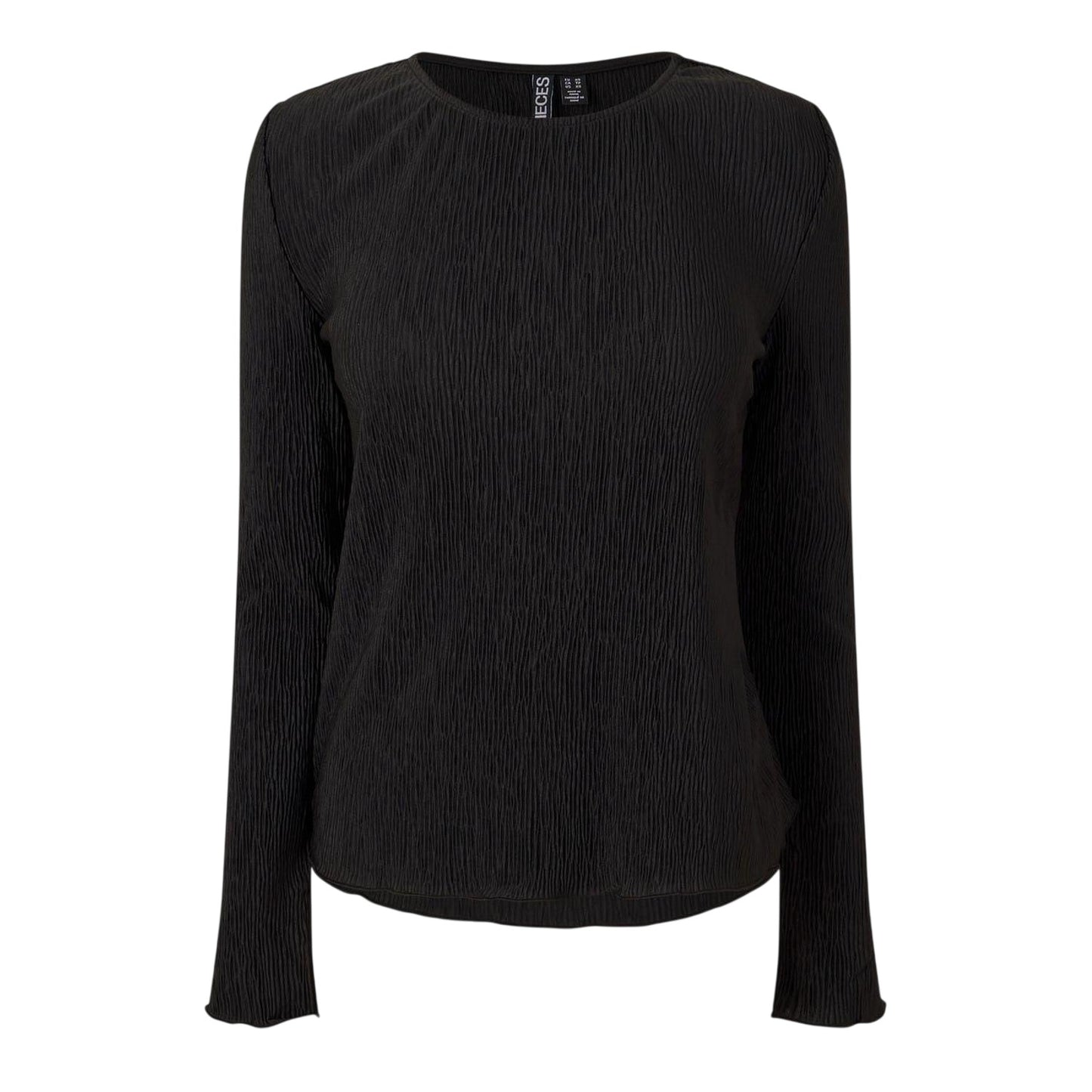 Black - Front - Pieces Womens-Ladies Crew Neck Relaxed Fit Long-Sleeved Blouse