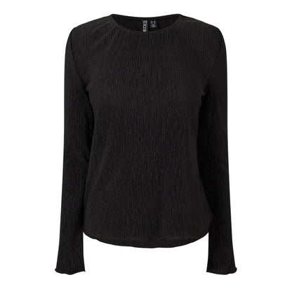 Black - Front - Pieces Womens-Ladies Crew Neck Relaxed Fit Long-Sleeved Blouse