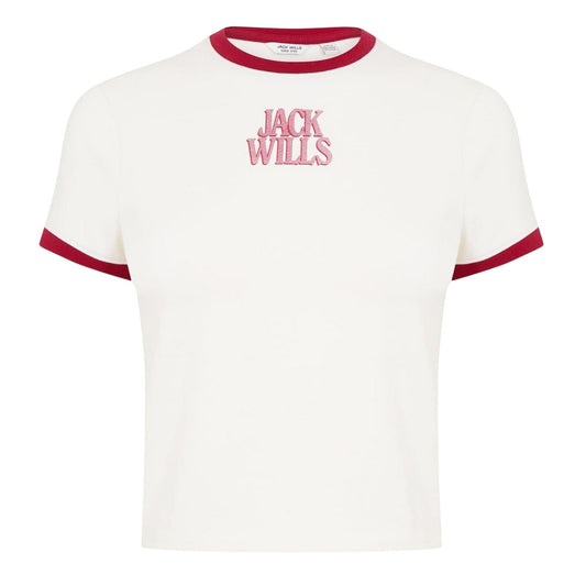 White-Red - Front - Jack Wills Womens-Ladies Embroidered Logo Cropped Slim T-Shirt
