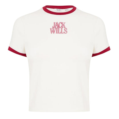 White-Red - Front - Jack Wills Womens-Ladies Embroidered Logo Cropped Slim T-Shirt