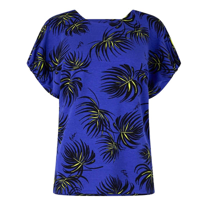 Blue - Back - Biba Womens-Ladies Leaf Print Jersey V Neck Relaxed Fit Blouse