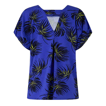 Blue - Front - Biba Womens-Ladies Leaf Print Jersey V Neck Relaxed Fit Blouse