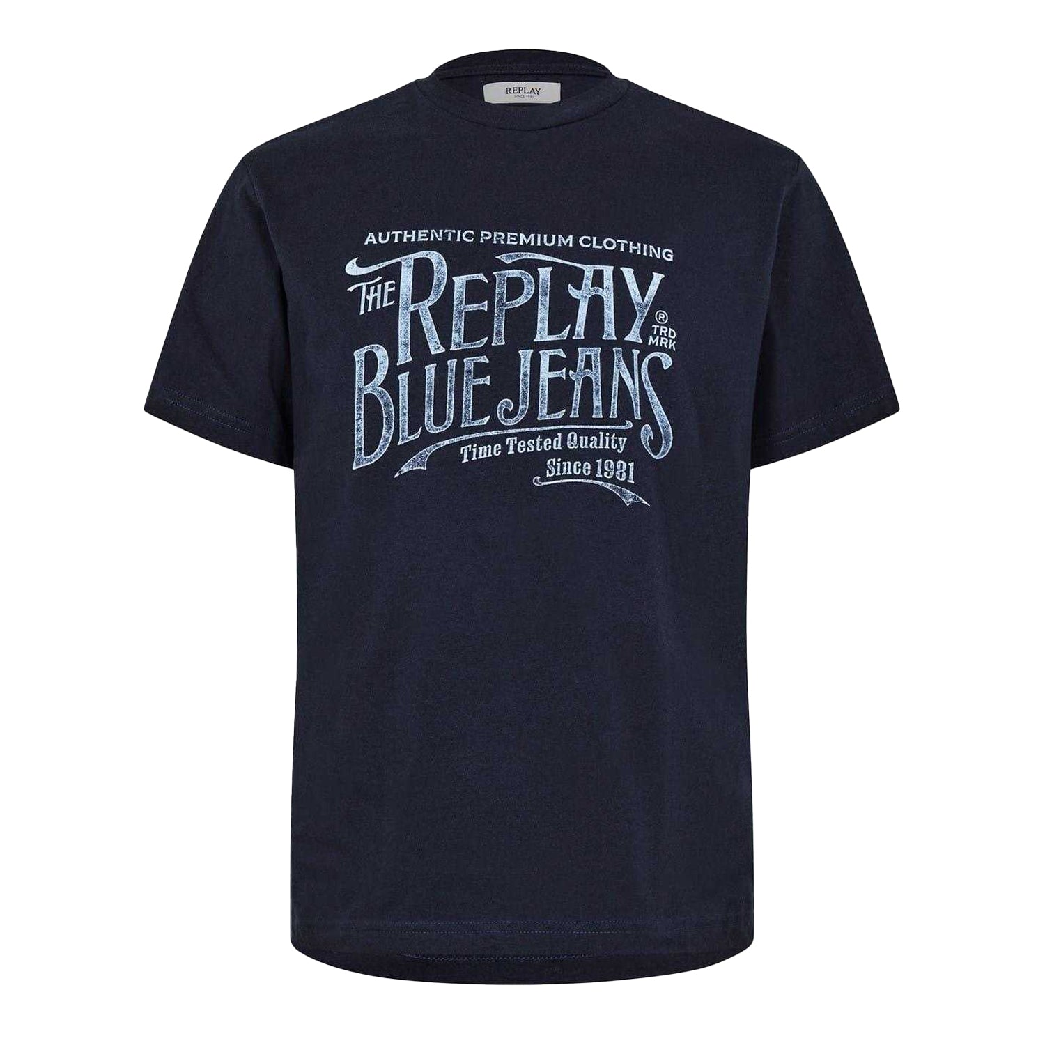 Navy - Front - Replay Mens Blue Jeans T-Shirt