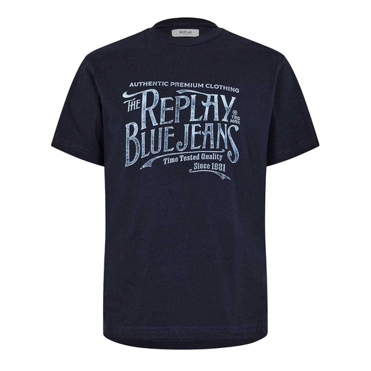 Navy - Front - Replay Mens Blue Jeans T-Shirt