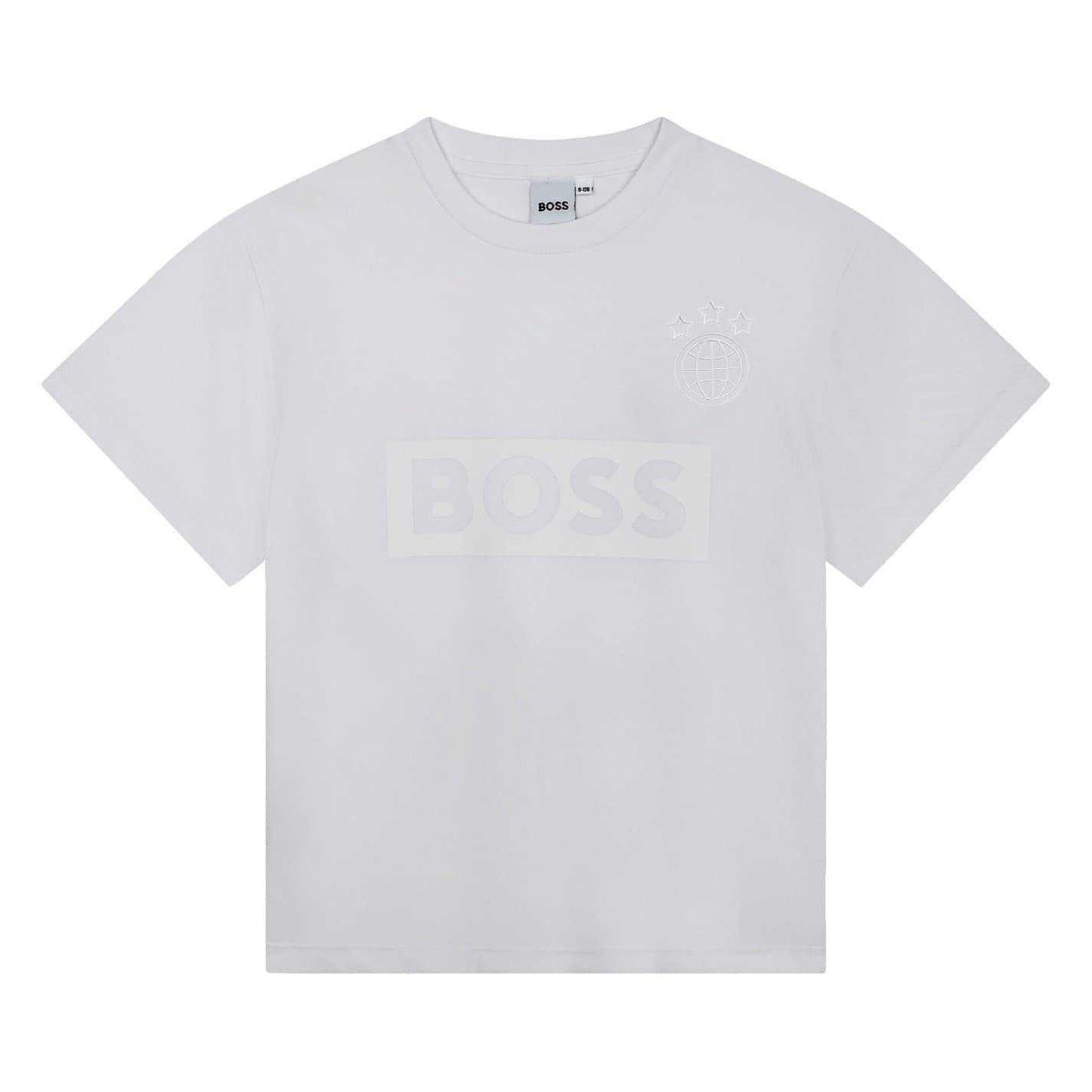 White - Front - Boss Childrens-Kids Globe Crew Neck Regular T-Shirt