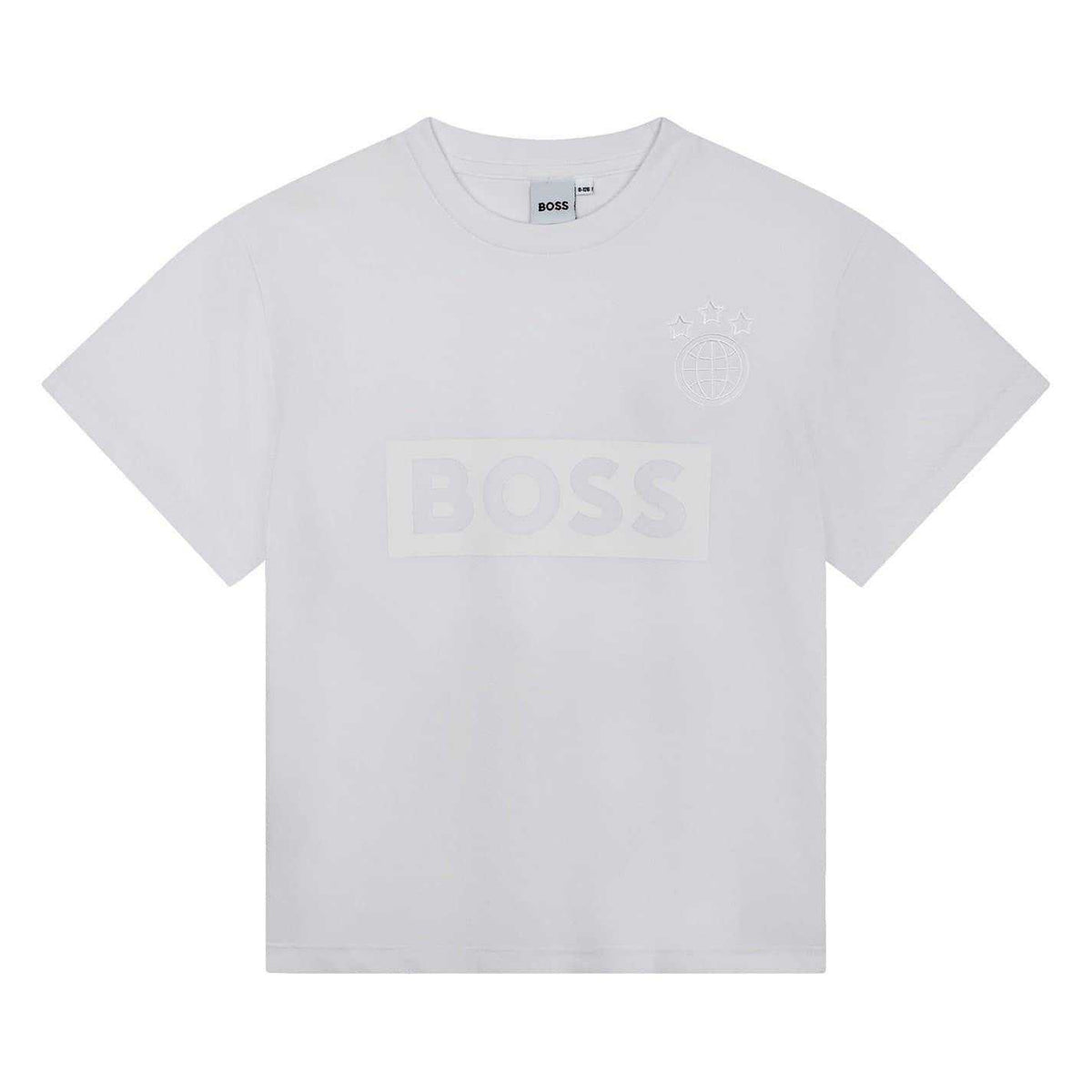 White - Front - Boss Childrens-Kids Globe Crew Neck Regular T-Shirt