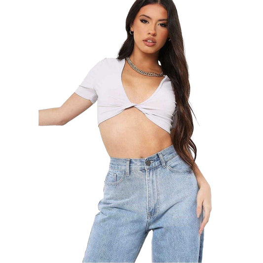 Grey - Front - Missy Empire Womens-Ladies Twisted Crop Top