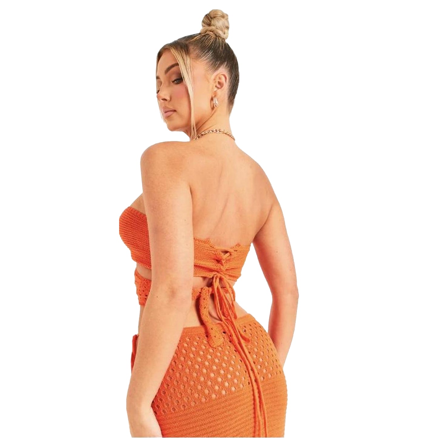 Orange - Back - Missy Empire Womens-Ladies Crochet Cut Out Crop Top