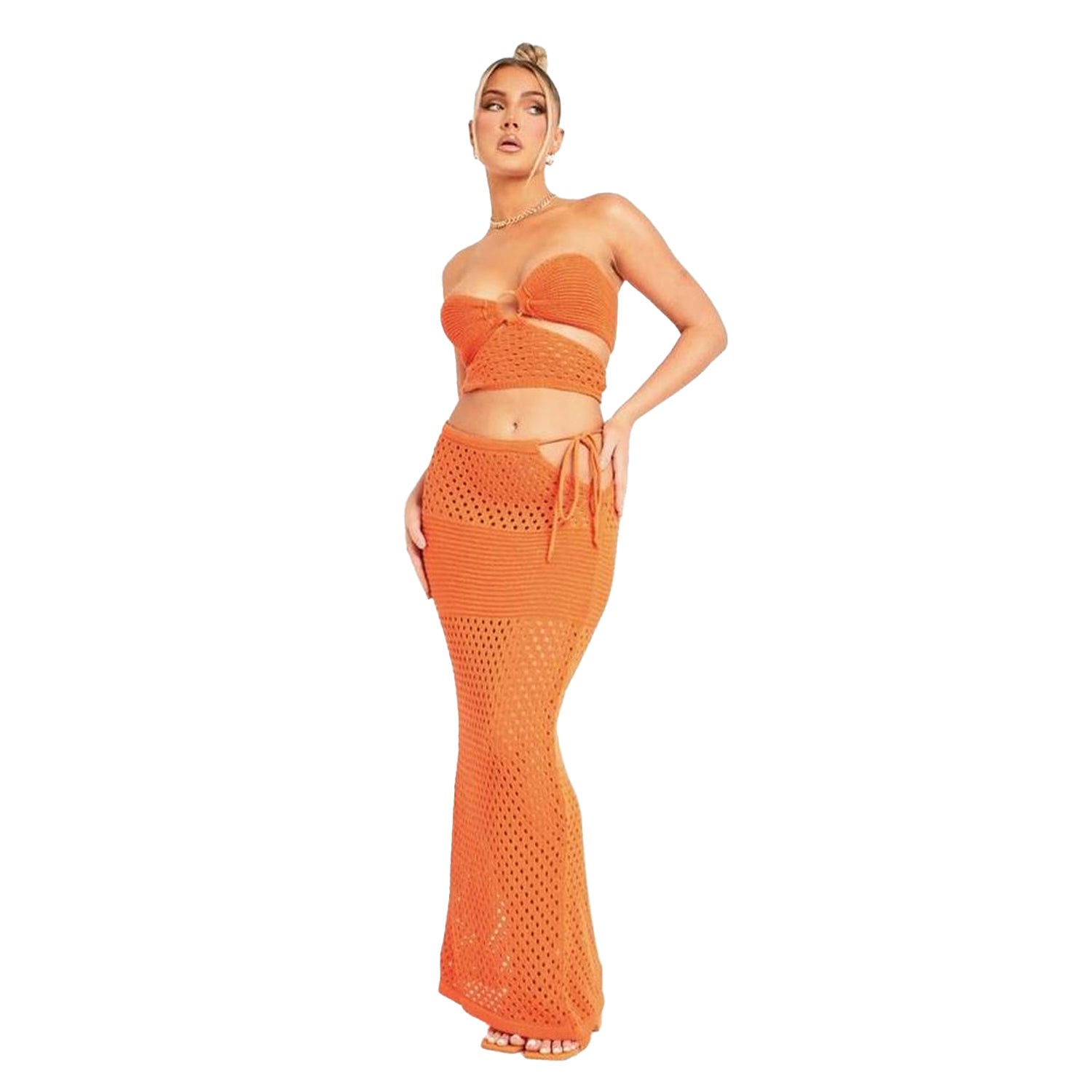 Orange - Side - Missy Empire Womens-Ladies Crochet Cut Out Crop Top