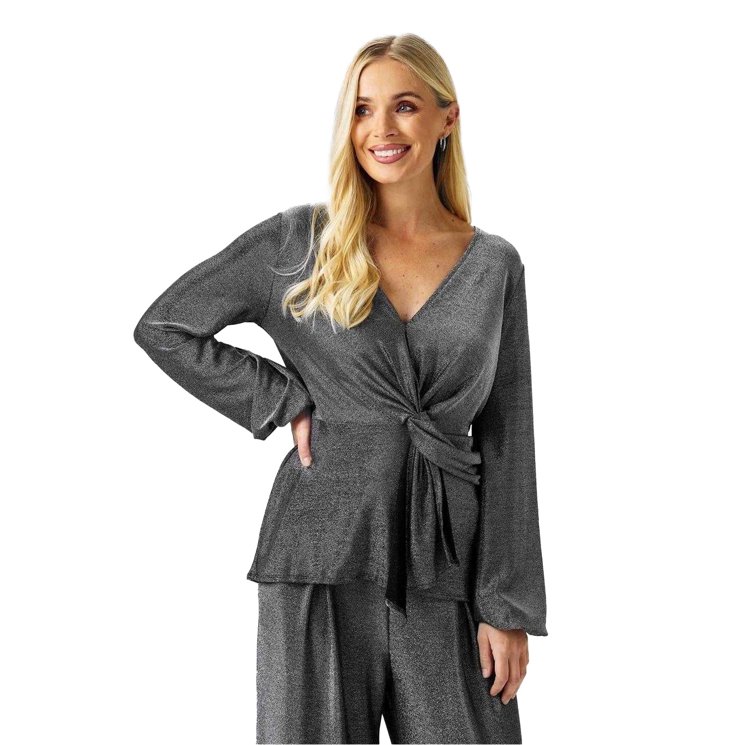 Silver - Side - Biba Womens-Ladies Metallic Twisted Knot Front Blouse