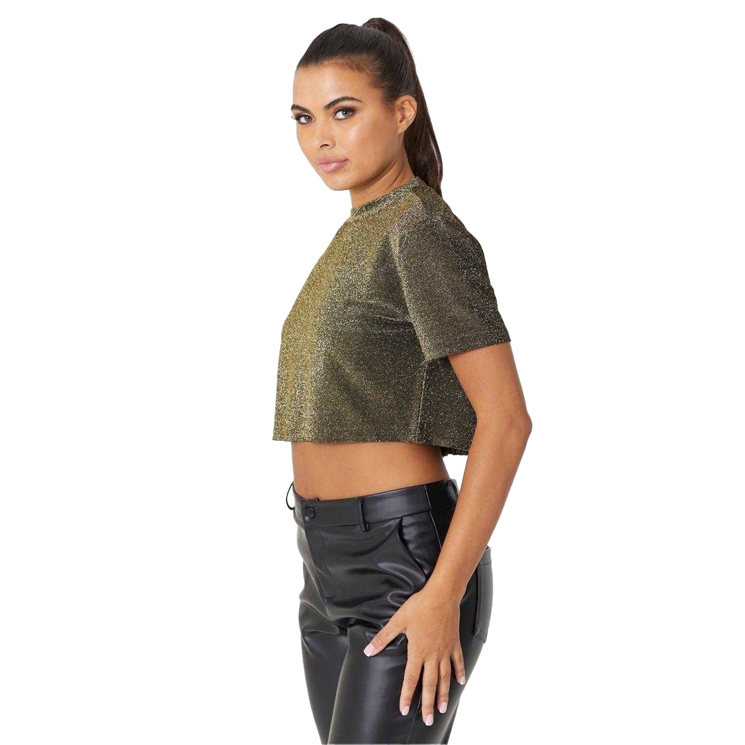 Gold - Side - Be You Womens-Ladies Glitter Party Crop Top