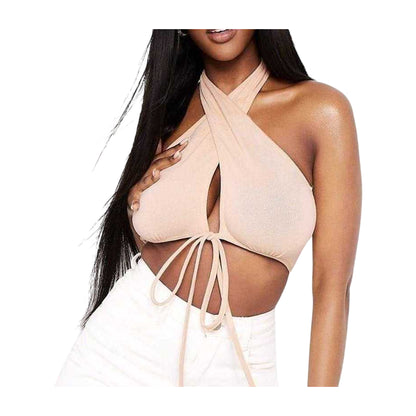 Beige - Back - Missy Empire Womens-Ladies Wrap Halter Neck Crop Top