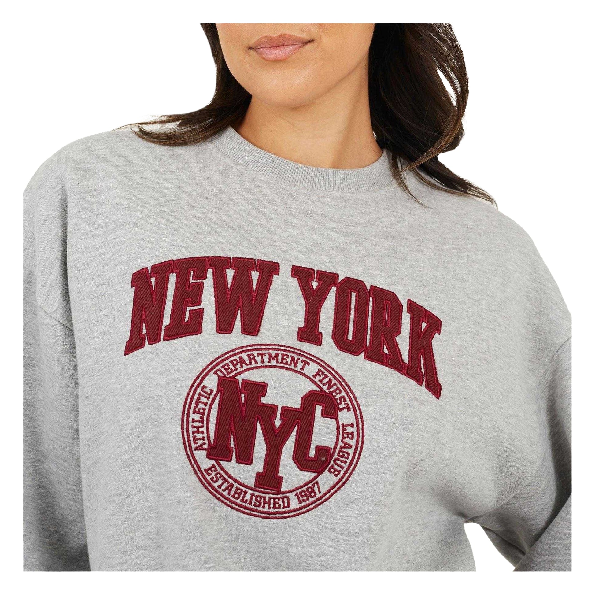 Grey Marl-Red - Side - Brave Soul Womens-Ladies New York Embroidered Sweatshirt